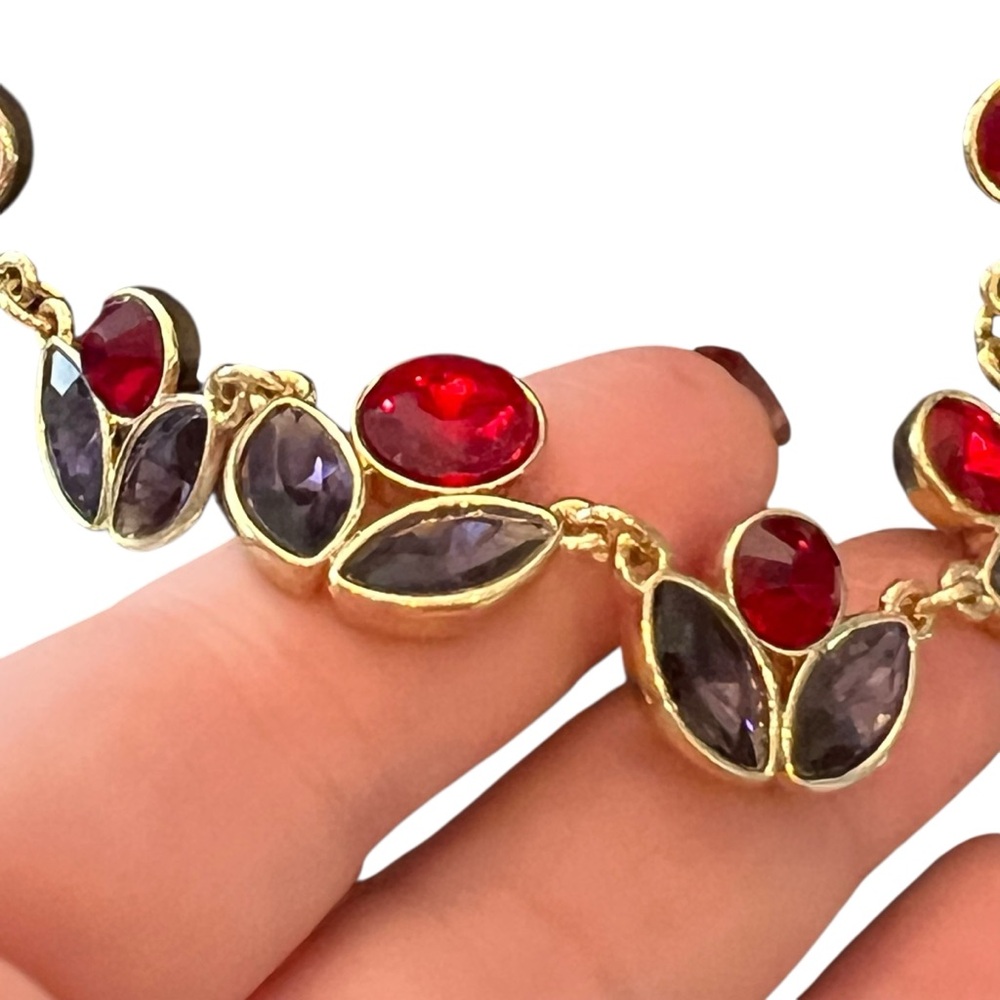 Liz Claiborne Statement Necklace Signed Red Purple Stone Flowers‎ Gold Tone 20” - Picture 6 of 14
